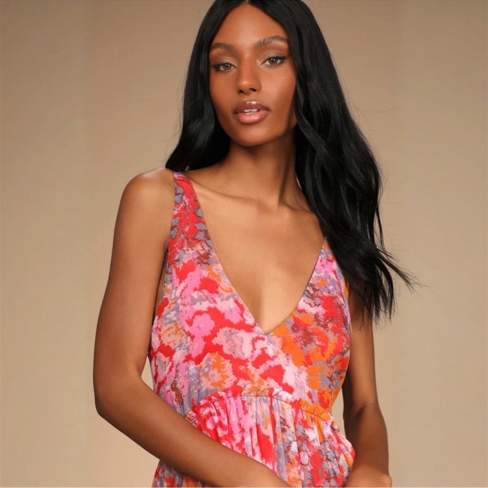 🦋Free People Juliana Tiered Flowy Abstract Chiffon Cherry Combo Maxi Dress🦋 - Picture 5 of 12
